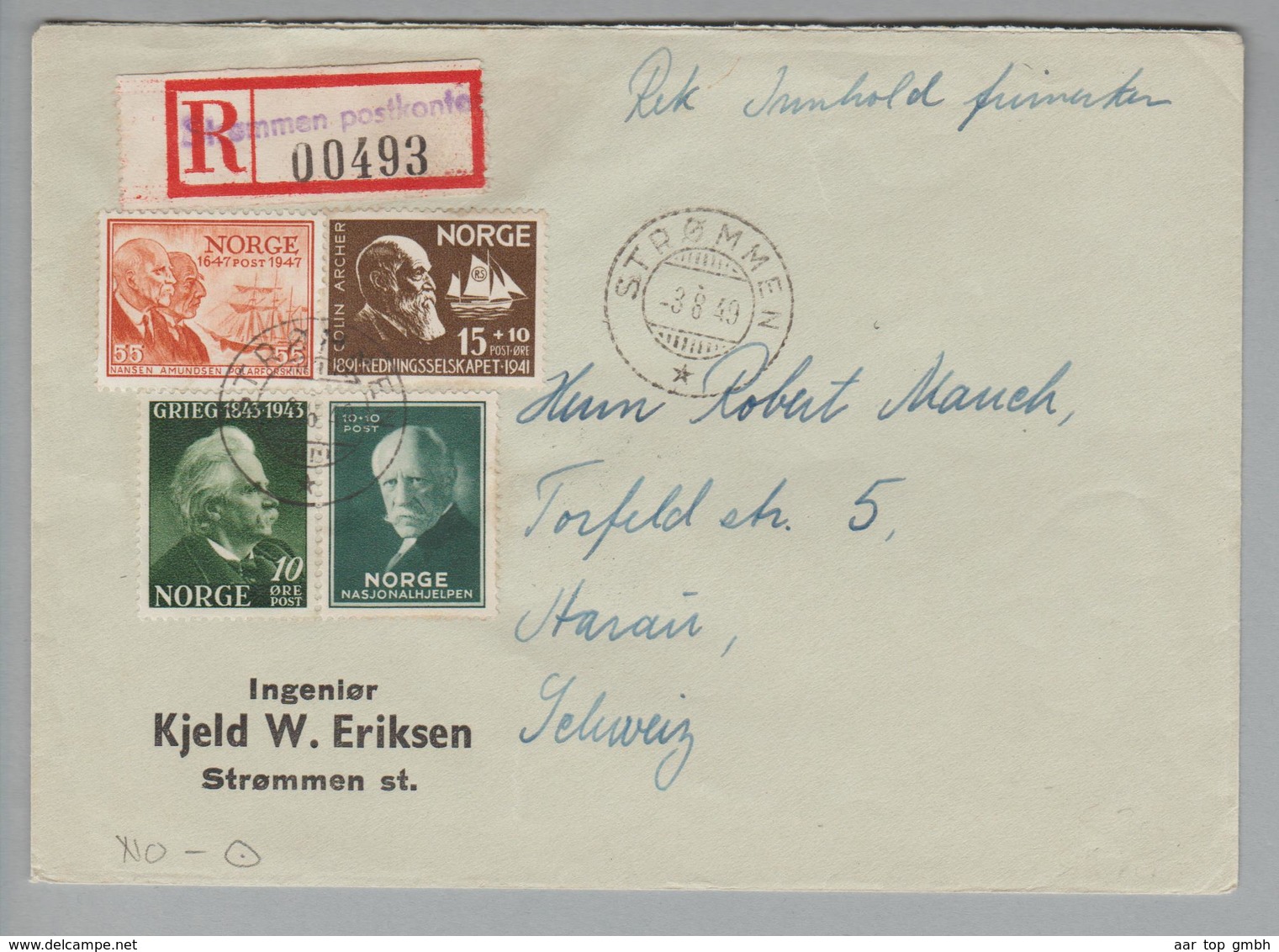 Heimat Norwegen Strommen 1949-08-03 R-Brief Nach Aarau CH - Lettres & Documents