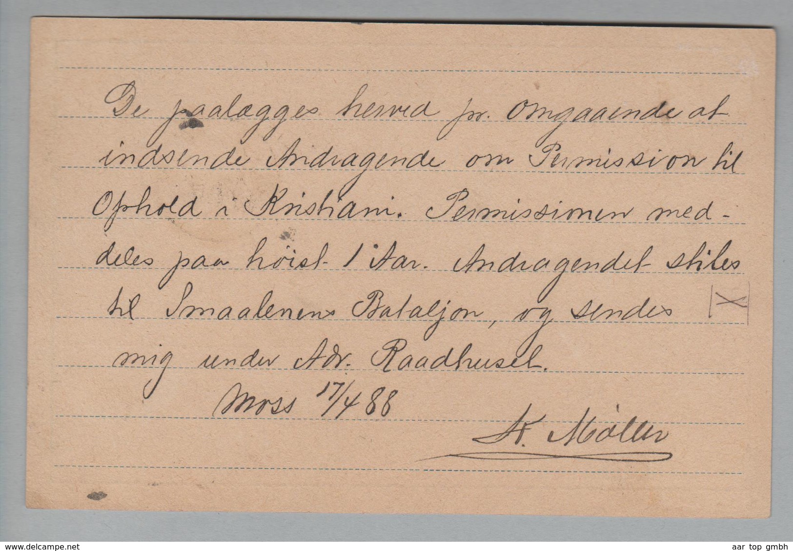 Heimat Norwegen Moss 1888-04-18 Militär-Ganzsache Nach Christiania - Lettres & Documents