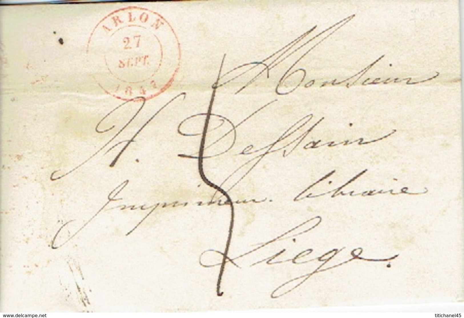 LAC D'ARLON Du 27 Septembre 1847 Vers LIEGE - Port De 5 Décimes - Signé G. EVERLING Imprimeur-libraire à ARLON - 1830-1849 (Belgique Indépendante)