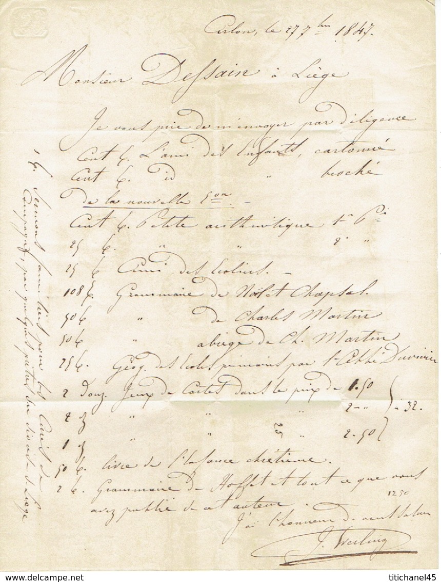 LAC D'ARLON Du 27 Septembre 1847 Vers LIEGE - Port De 5 Décimes - Signé G. EVERLING Imprimeur-libraire à ARLON - 1830-1849 (Belgique Indépendante)