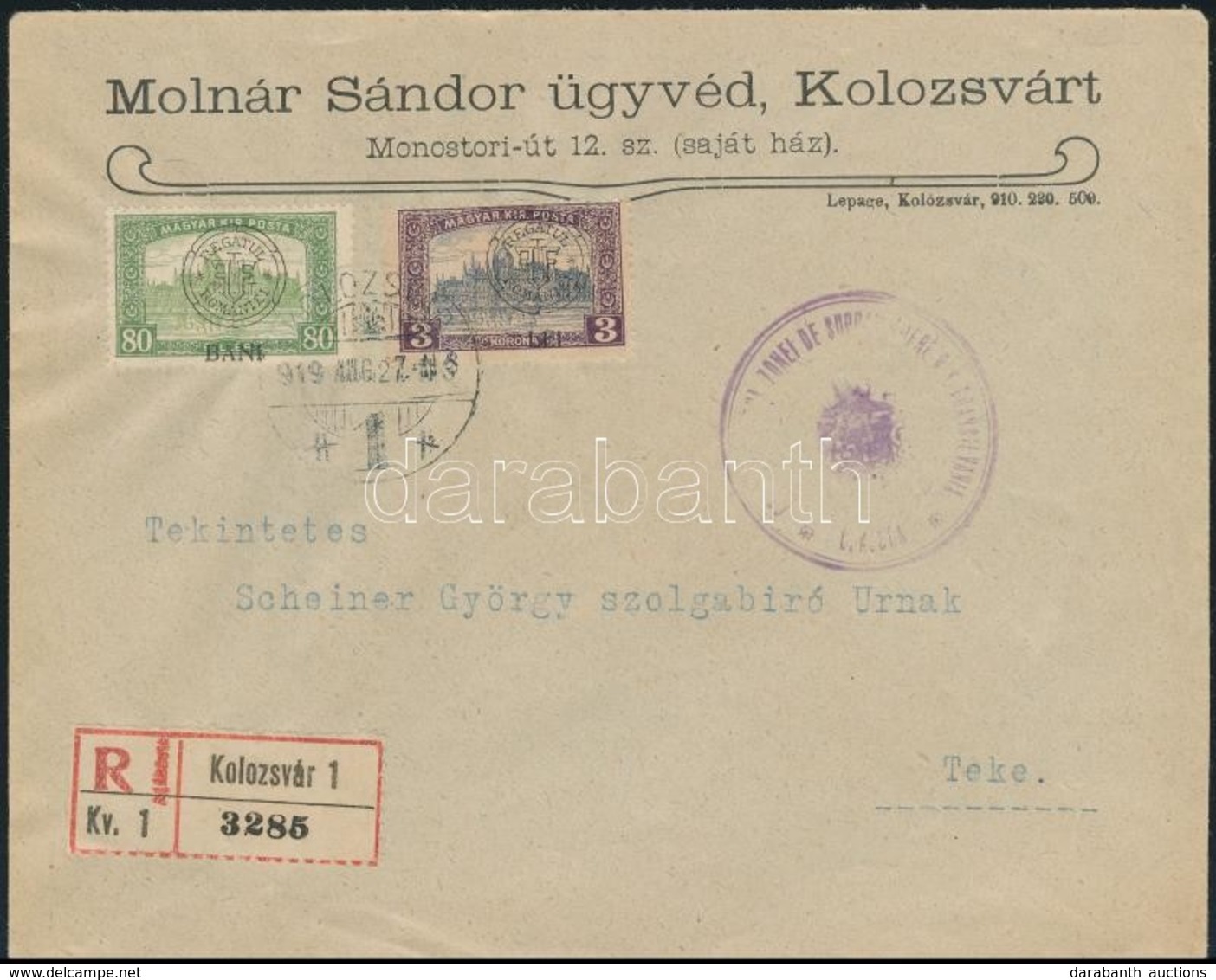 Kolozsvár 1919 Ajánlott Távolsági Levél Parlament 80 Bani és 3 LEI Bérmentesítéssel 'KOLOZSVÁR' - 'TEKE' R! - Sonstige & Ohne Zuordnung