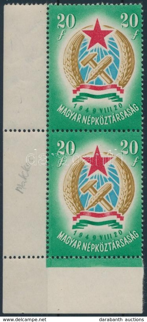 ** 1949 Alkotmány 20f ívsarki Pár, A Bal Oldali ívszélben Makkos Vízjel, A Bélyegbe épphogy Belelóg / Watermark Oak Leav - Sonstige & Ohne Zuordnung