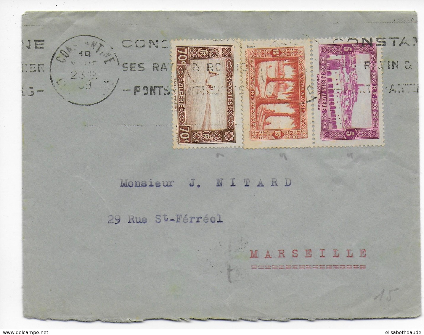 ALGERIE - 1939 - VIGNETTE DU CENTENAIRE De CONSTANTINE Sur ENVELOPPE Avec MECA => MARSEILLE - Brieven En Documenten