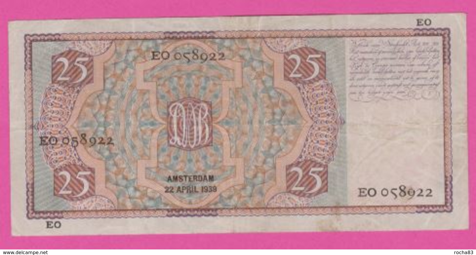 NETHERLANDS - PAYS BAS - 25 Gulden Du 22  04 1939  - Pick 50 TB+ - 25 Gulden