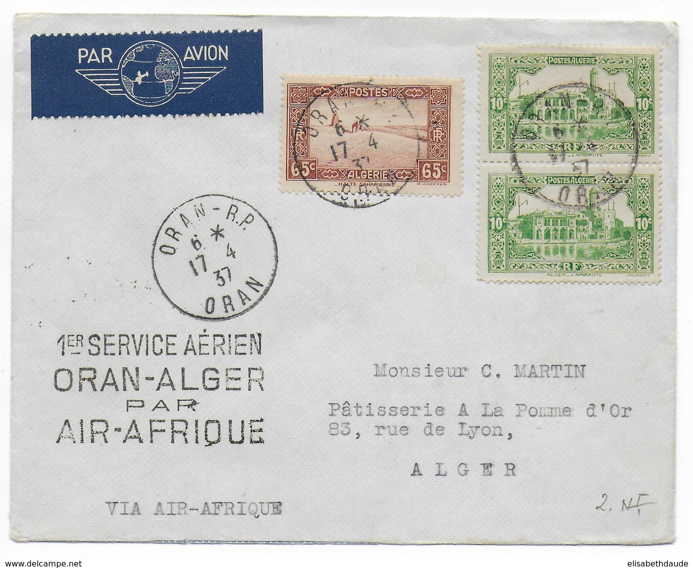 ALGERIE - 1938 - POSTE AERIENNE - RARE CACHET AVION "A" Au Dos ENVELOPPE 1° VOL ORAN => ALGER - Covers & Documents