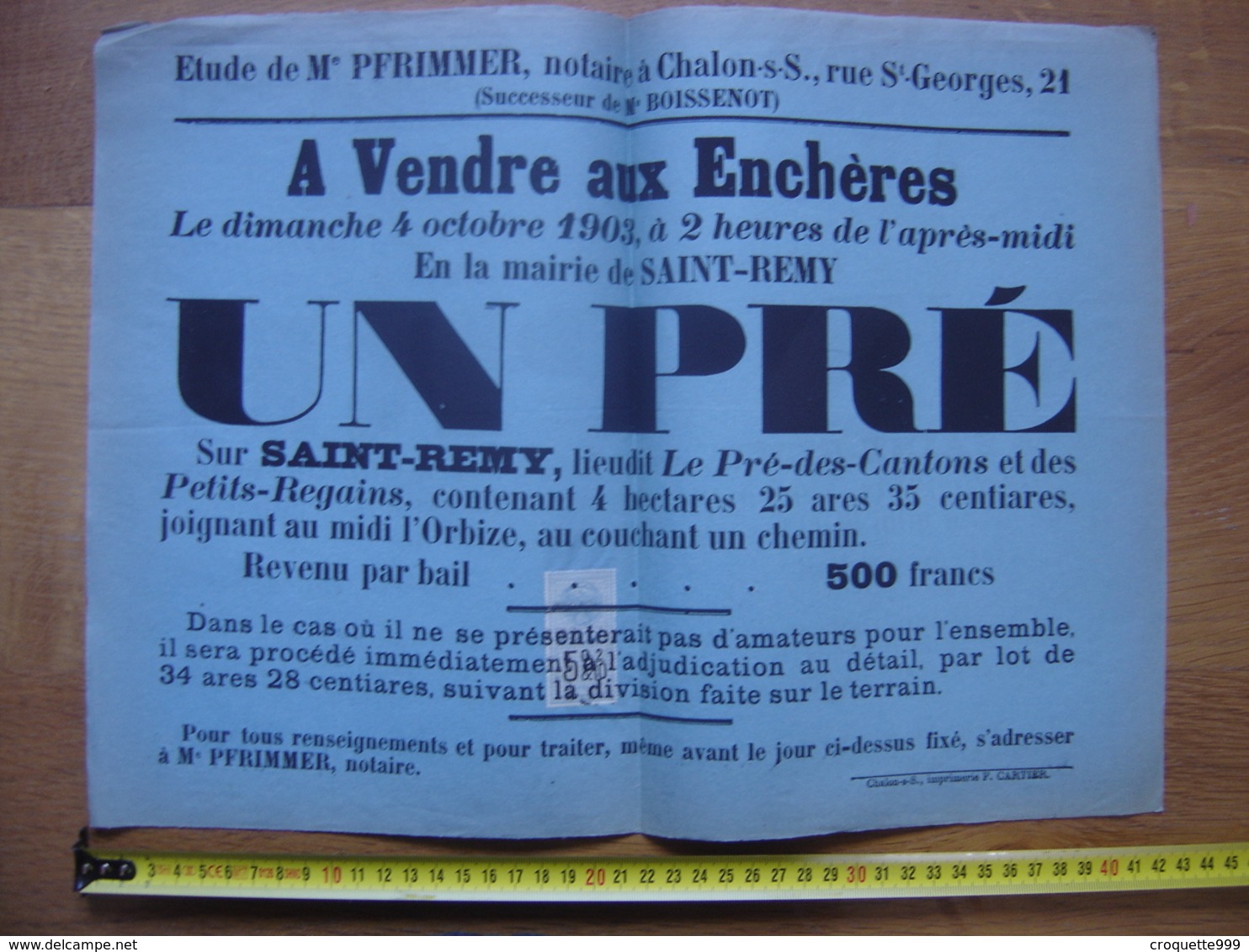 Ancienne Affiche 1903 Vente Mobiliere PRE A Saint Remy 71 - Affiches