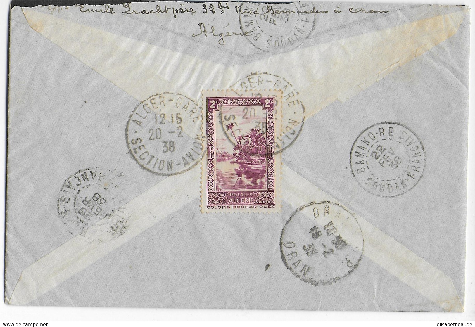 ALGERIE - 1938 - POSTE AERIENNE - YT 121 (RARE) Sur ENVELOPPE 1° VOL ALGERIE => BAMAKO (SOUDAN) - Briefe U. Dokumente