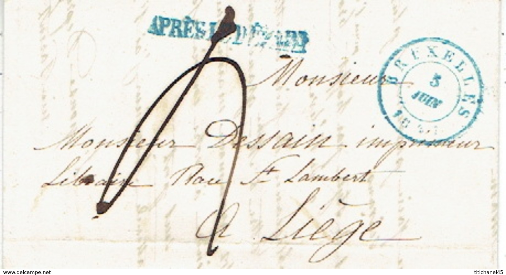 LAC De BRUXELLES Datée Du 5 Juin 1847 Vers LIEGE + Griffe Linéaire Bleue "APRES LE DEPART" - Signé épse DEPREZ-PARENT - 1830-1849 (Belgique Indépendante)