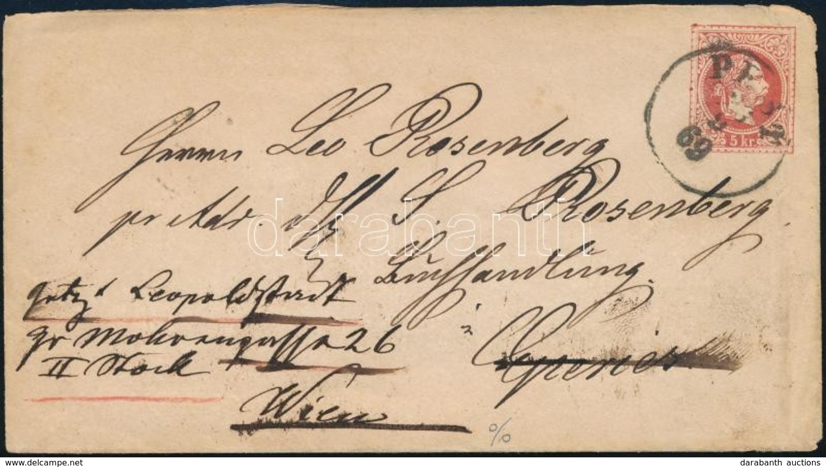 1869 5kr Díjjegyes Boríték ,,PEST' - ,,EPERJES' Továbbküldve ,,WIEN' - Other & Unclassified