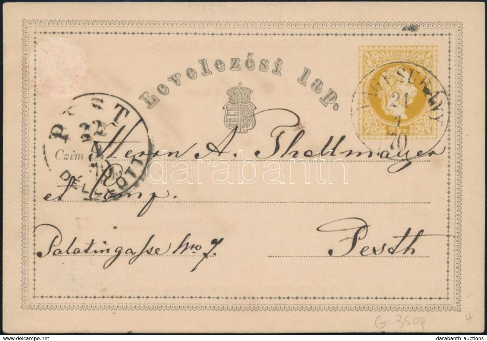 1870 2kr Díjjegyes Levelezőlap ,,NAGY-SURÁNY' - ,,PEST' - Other & Unclassified