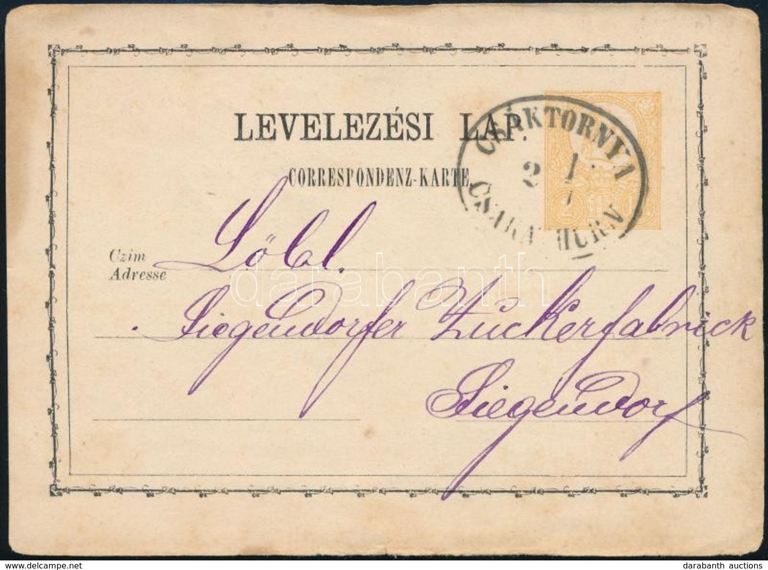 1872 2kr Díjjegyes Levelezőlap ,,CSÁKTORNYA CSAKATHURN' - Siegendorf - Other & Unclassified
