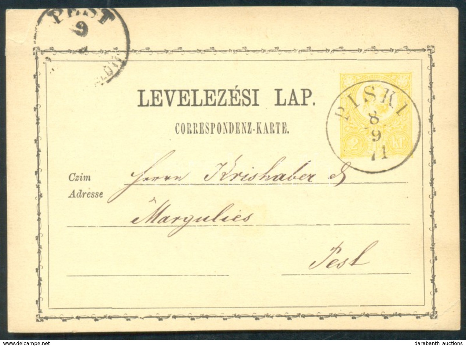 1871 Díjjegyes Levelezőlap / PS-card 'PISKI' - 'PEST' - Other & Unclassified