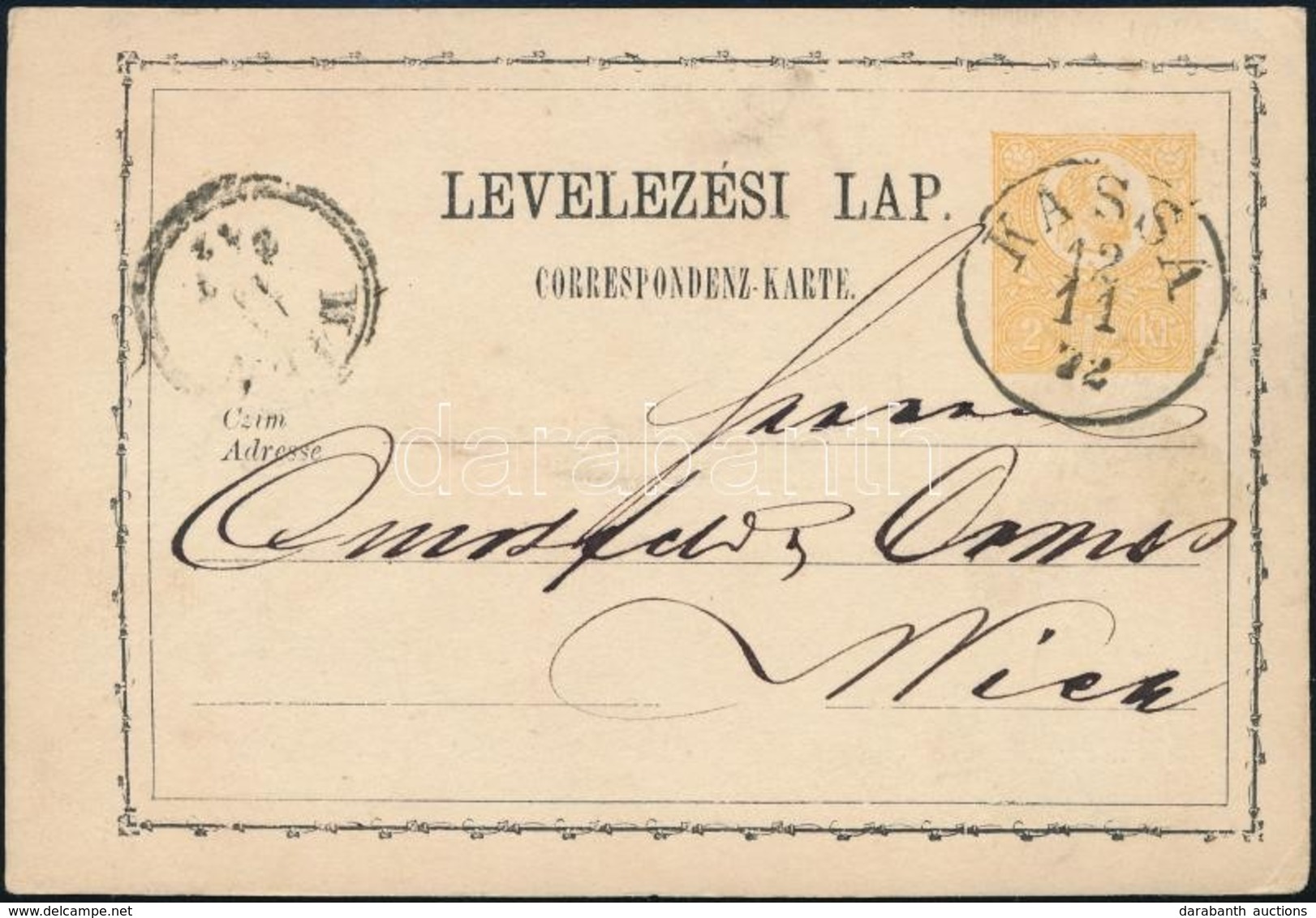 1872 2kr Díjjegyes Levelezőlap ,,KASSA' - ,,WIEN' - Other & Unclassified