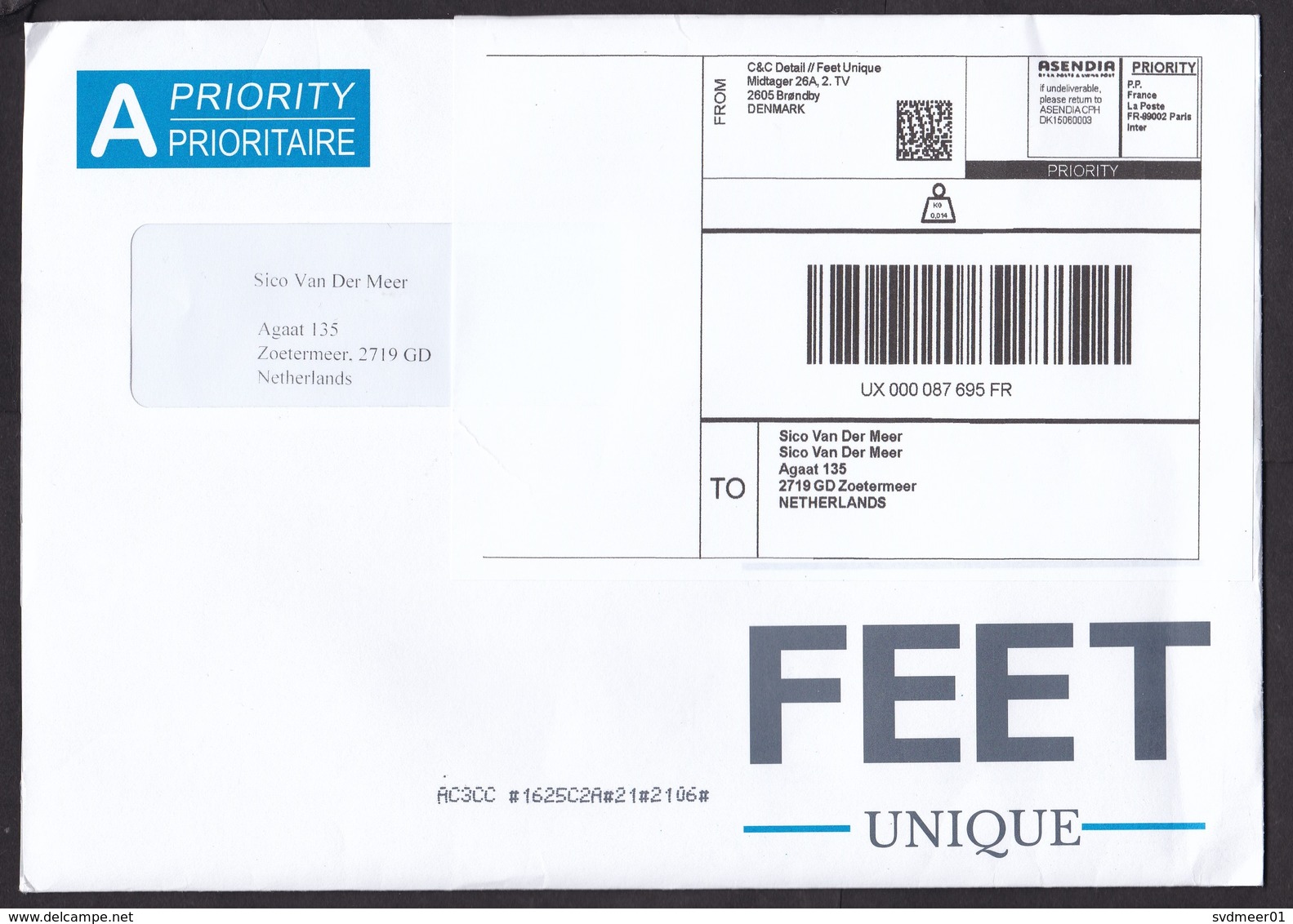 Denmark: Priority Cover To Netherlands, 2018, Label Via Asendia Mail Service Of Swiss/French/Dutch Post (traces Of Use) - Brieven En Documenten