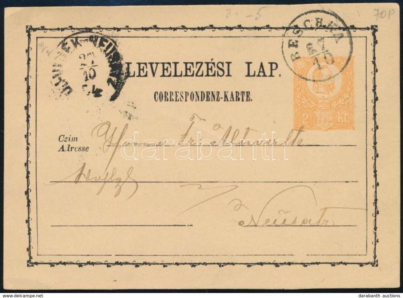 1874 2kr Díjjegyes Levelezőlap ,,BESCHKA' - ,,ÚJVIDÉK-NEUSATZ' - Other & Unclassified