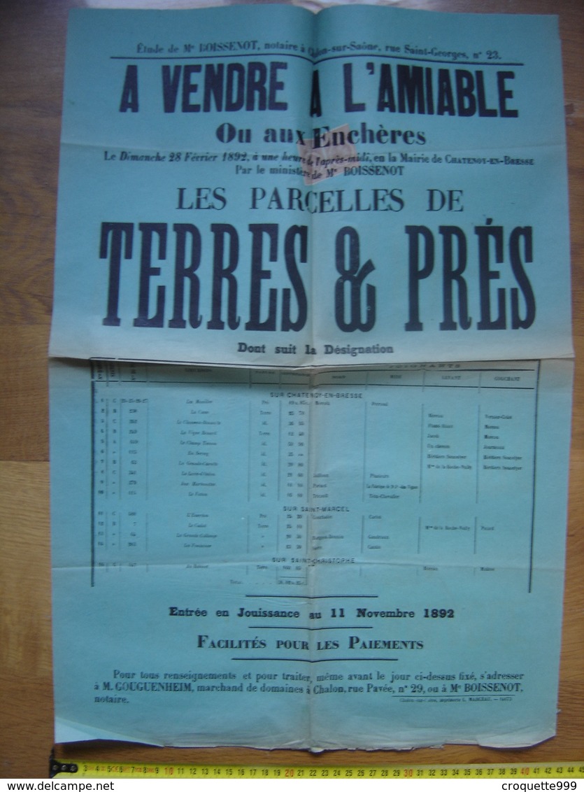 Ancienne Affiche 1892 Vente Mobiliere TERRES PRES A St Christophe Chatenoy 71 - Affiches