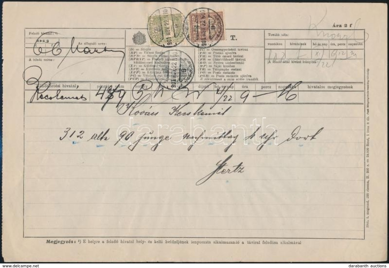 1901-1902 2 Db Távirat Turul 60f + 6f Bérmentesítéssel 'MÓDOS' - Kecskemét, 'ZSOMBOLYA' - Temesvár - Sonstige & Ohne Zuordnung