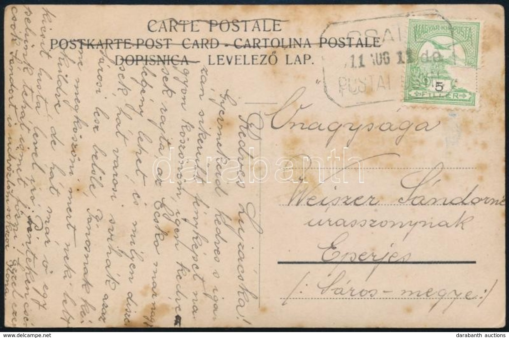 1911 Képeslap Turul 5f (szakadt) Bérmentesítéssel 'CSALL' Postaügynökségi Bélyegzéssel - Sonstige & Ohne Zuordnung