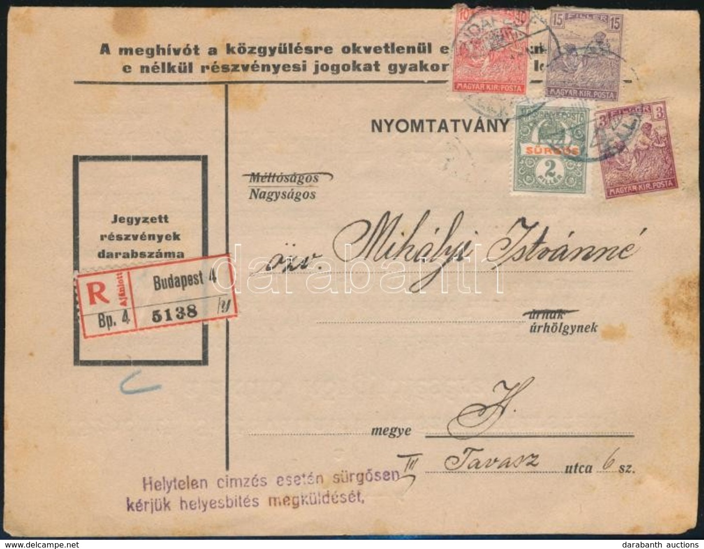 1918 Ajánlott Nyomtatvány Sürgős Bélyeggel - Other & Unclassified