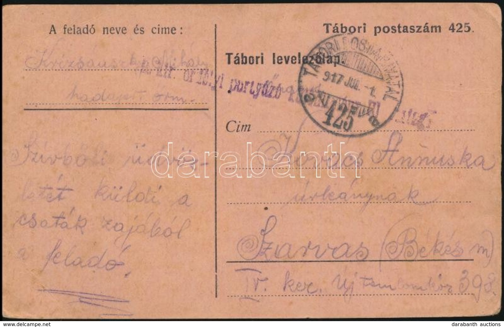 1917 Tábori Posta Levelezőlap / Field Postcard 'M.kir. Erdélyi Portyázó ...' + 'TP 425 A' - Otros & Sin Clasificación