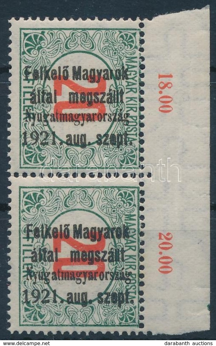 ** Nyugat-Magyarország I. 1921 Portó 20f Pár Próbanyomat, Mindkettő Bodor Vizsgálójellel - Other & Unclassified