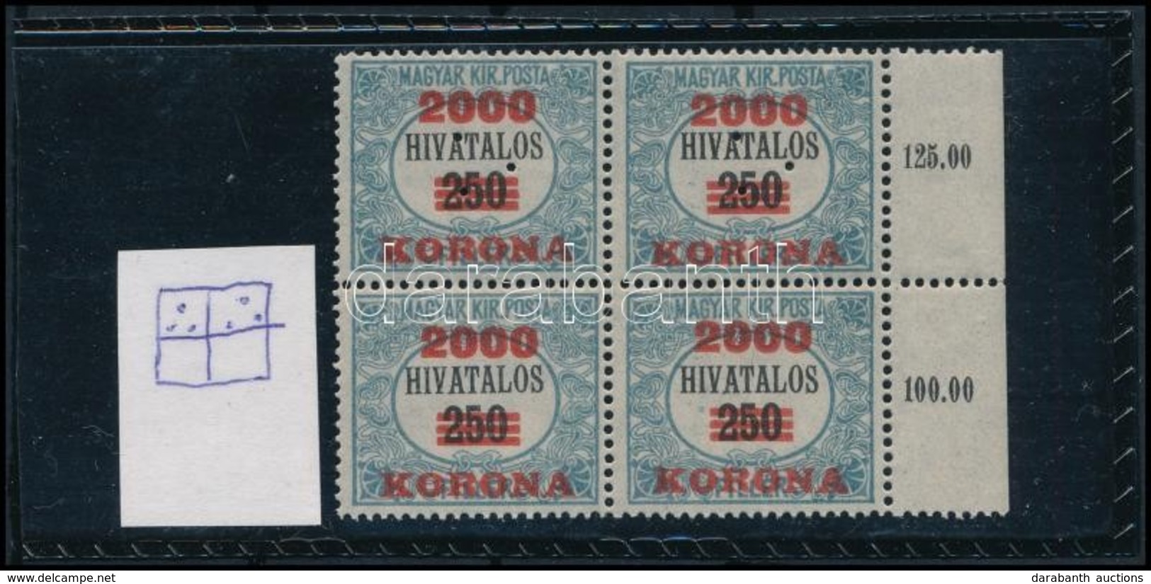 ** 1924 Hivatalos 2000K/250K ívszéli Négyes Tömbben, A Felső Két érték Hármas Lyukasztással (3.400++) - Other & Unclassified