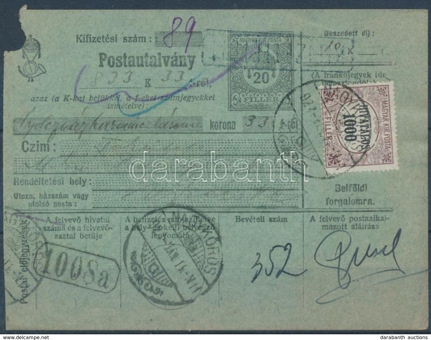 1923 Postautalvány Hivatalos 1000f Bérmentesítéssel - Sonstige & Ohne Zuordnung