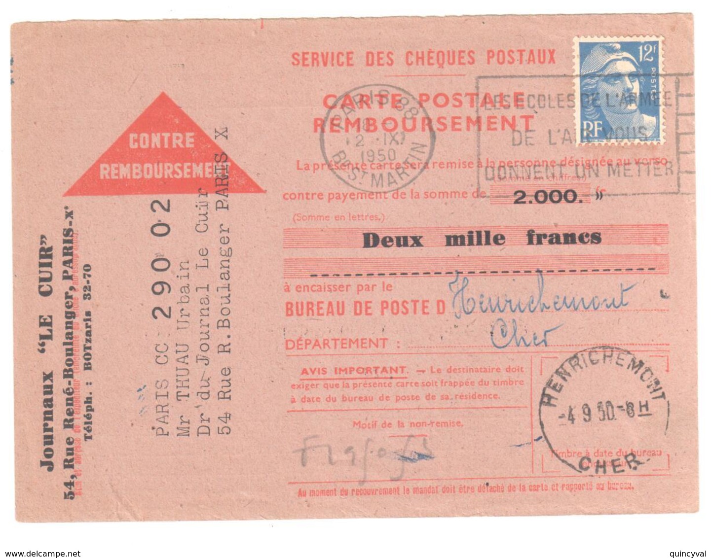 PARIS 88 EMA Armée Air B 088204 Mandat Carte Contre Rembou Gandon 12 F Bleu Yv 812 Henrichemont Cher Horoplan Lautier A5 - Lettres & Documents