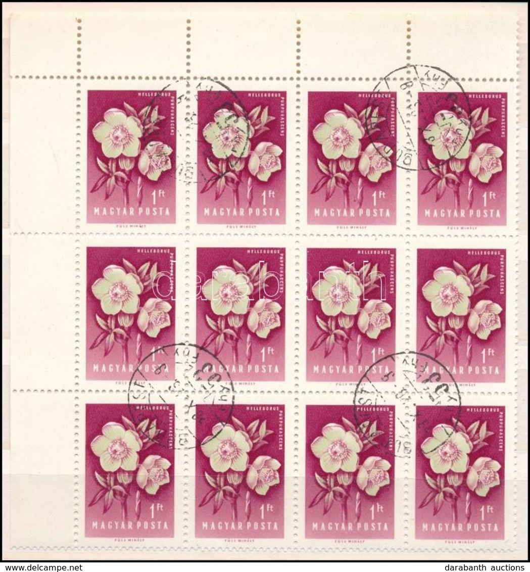 O 1958 Virág 1Ft ívsarki 12-es Tömbben, Benne 'F' Betűn Folt Tévnyomat - Sonstige & Ohne Zuordnung