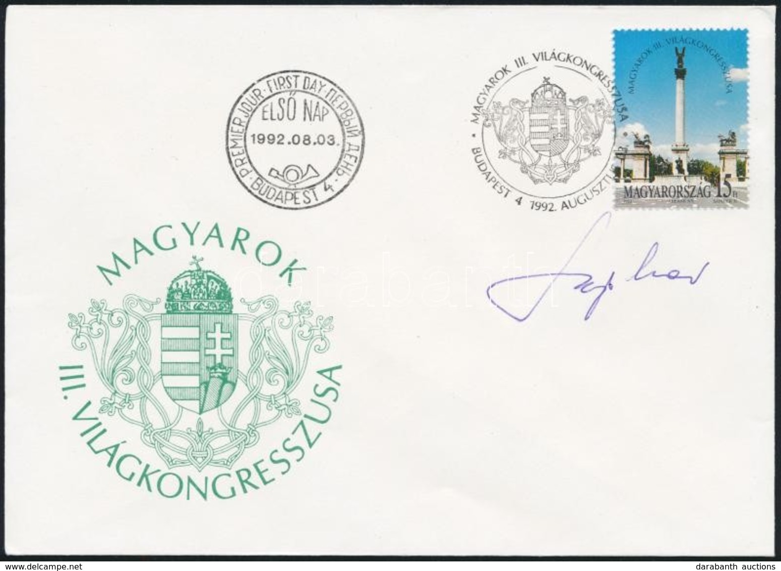 1992 Magyarok III. Világkongresszusa FDC A Tervező, Saphier Herbert Aláírásával - Other & Unclassified