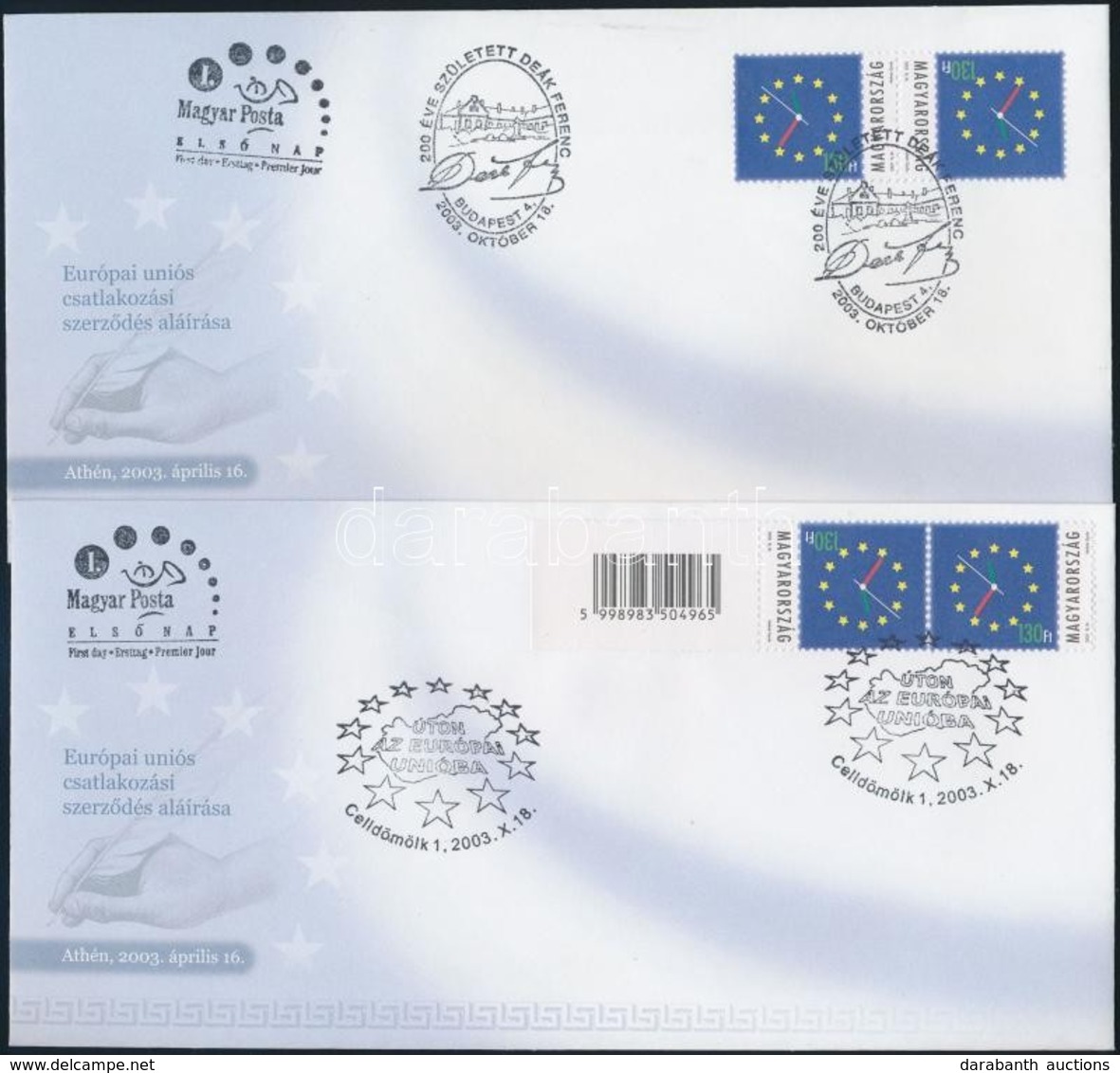 2003 Úton Az Európai Unióba 2 Db Klf Fordított állású Pár - Az Egyik Vonalkódos - 2 Db FDC-n - Other & Unclassified