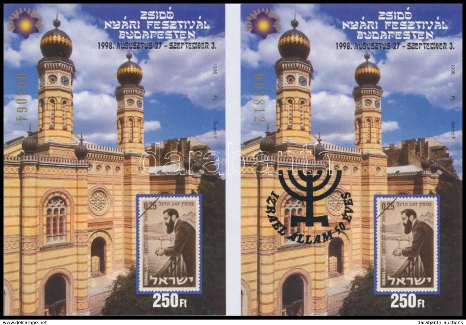** 1998/17, 22 Zsidó Nyári Fesztivál Izrael állam 50 éves 2 Db Emlékív (12.000) - Sonstige & Ohne Zuordnung