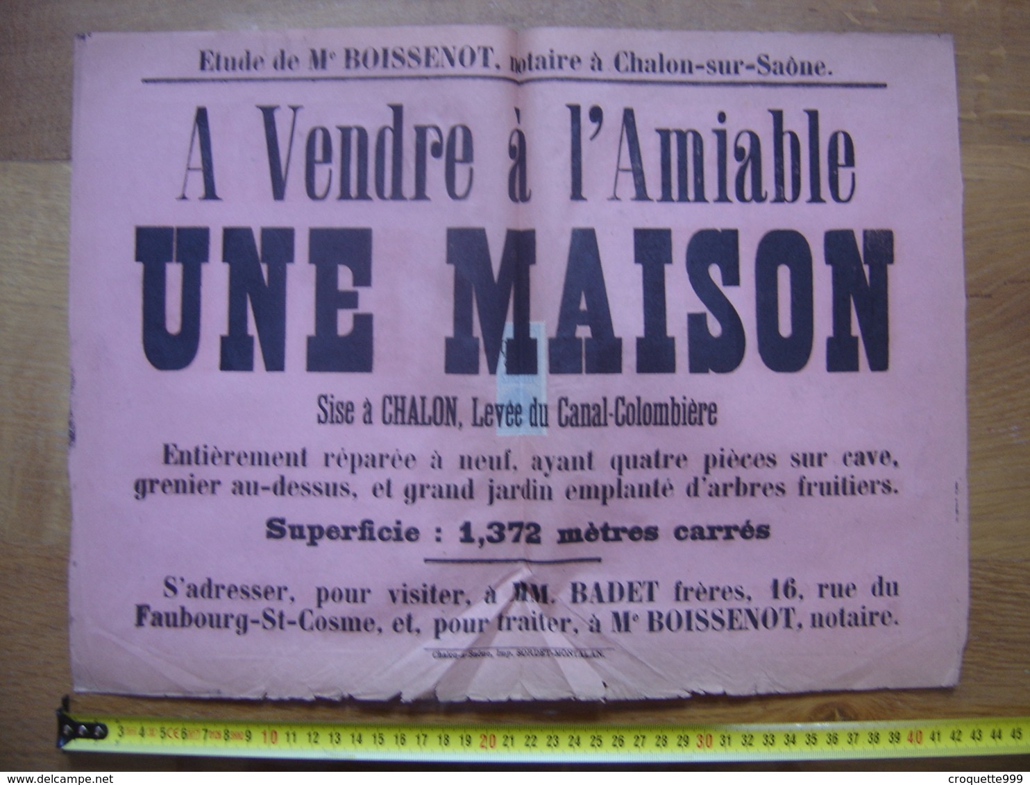 Ancienne Affiche Vente Mobiliere MAISON A Chalon Sur Saone Levee Canal Colombiere 71 - Affiches