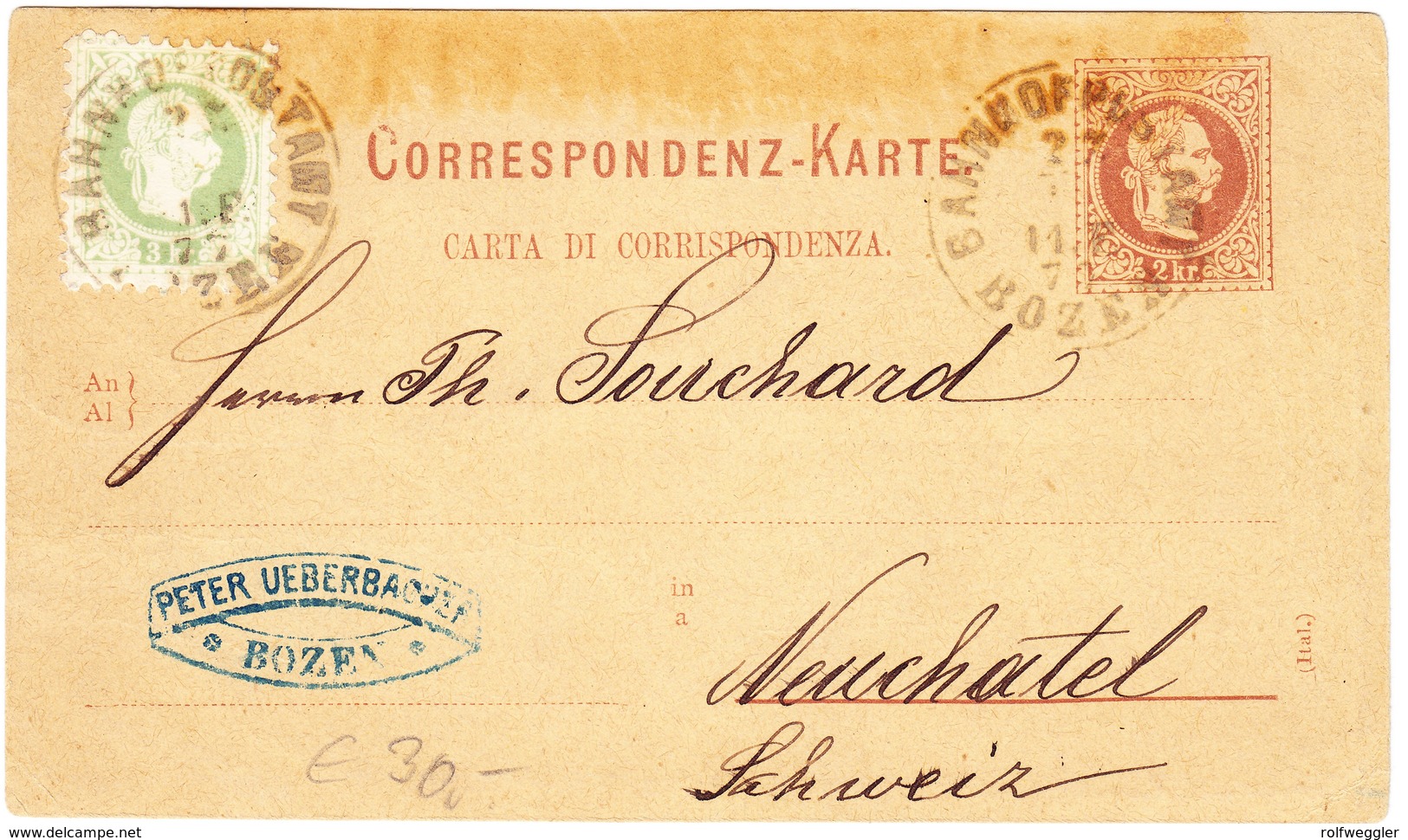 1877 2 Kr Ganzsachenkarte Mit Zusatzfrankatur; Gestempelt Bahnhofpostamt Bozen An Philippe Suchard Neuchatel - Briefe U. Dokumente