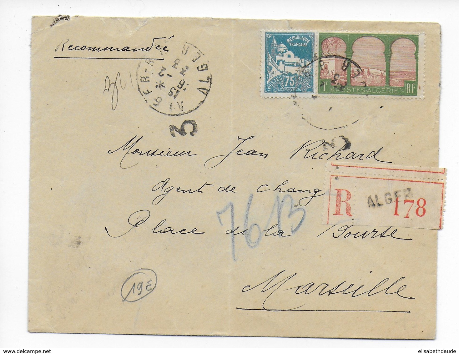 ALGERIE - 1933 - ENVELOPPE RECOMMANDEE De ALGER Avec CACHET D'AGENT N°3 GUICHET RECOMMANDE => MARSEILLE - Covers & Documents