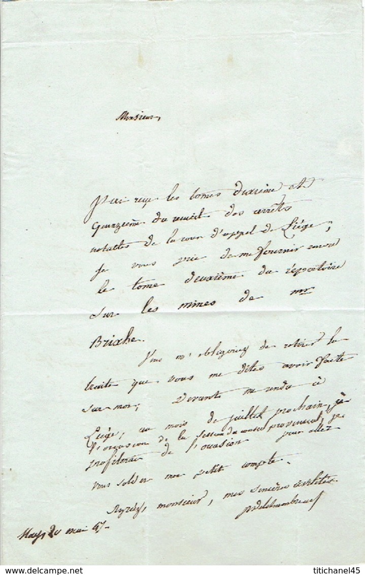 LAC De HUY Datée Du 20 Mai 1847 Vers LIEGE - Belle Frappe - Port De 2 Décimes - Signé DELCHAMBRE - 1830-1849 (Belgique Indépendante)