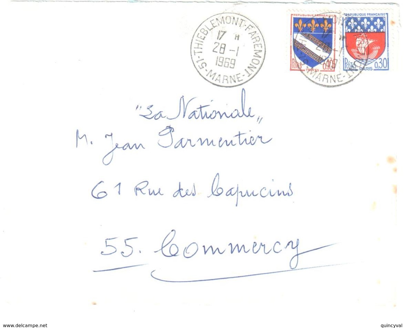 51 THIEBLEMONT FAREMONT Marne Lettre Blason 10c Troyes 30c Paris Yv 1353 1354B Ob 28 1 1969 - Lettres & Documents