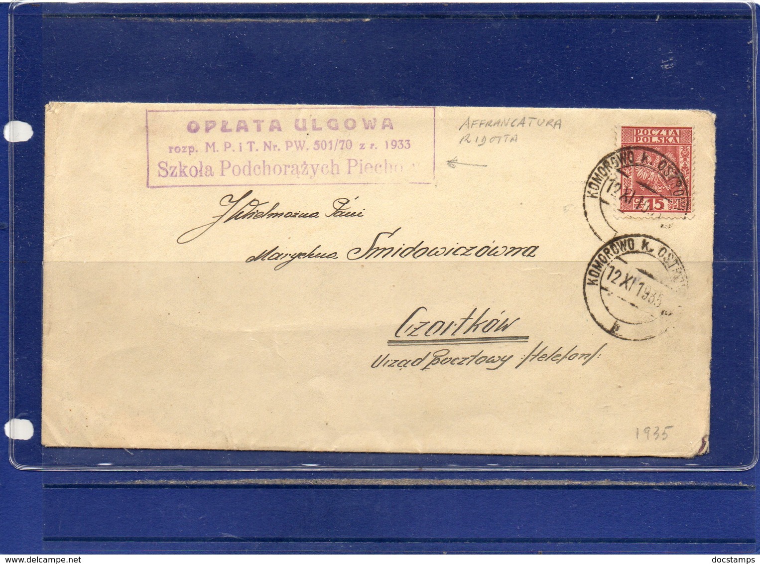 ##(ROYBOX1)-Postal History-Poland 1935-Cover From Komorowo To Czortkow, Reduced Rate Mark - Covers & Documents