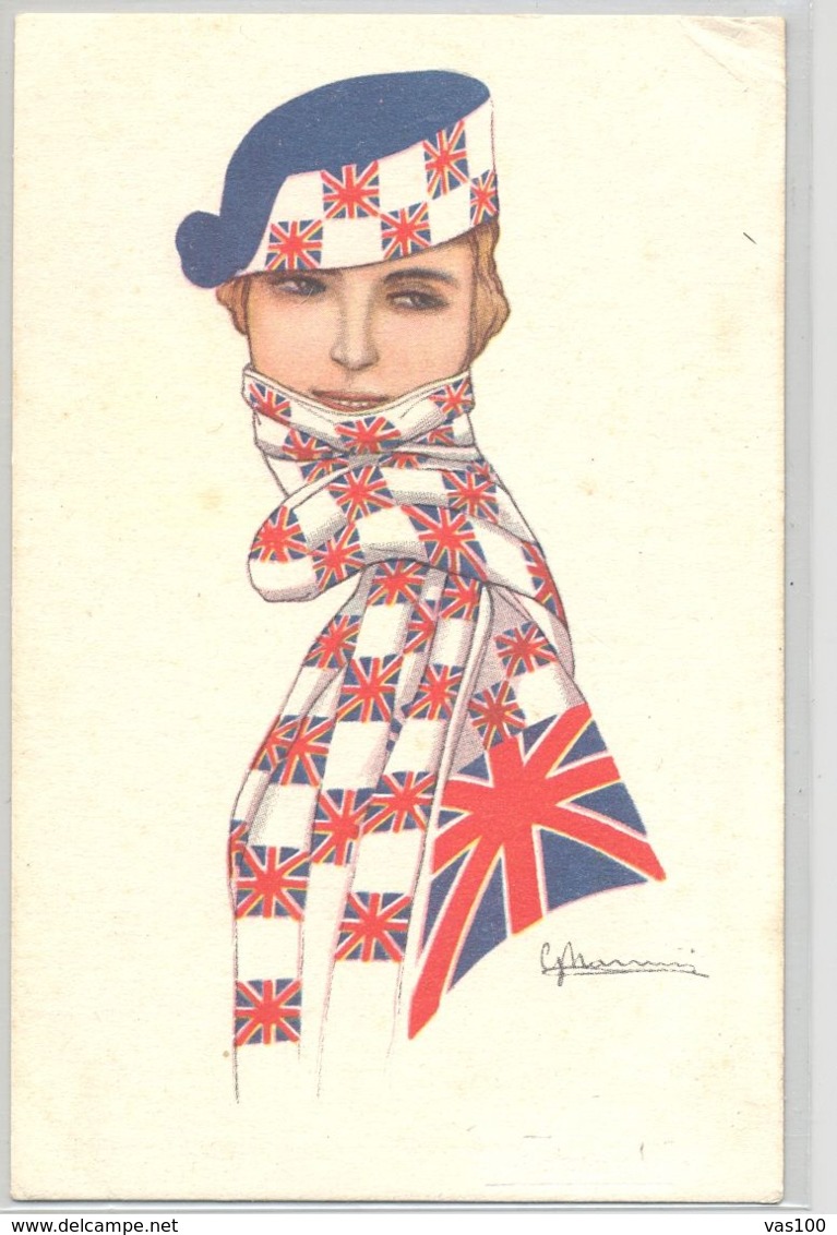 CPA SIGNED ILLUSTRATIONS, GIOVANNI NANNI- WOMAN WITH BRITISH FLAG SCARF AND HAT, CENSORED WW1 - Nanni