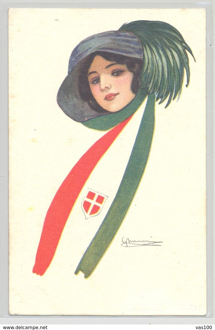 CPA SIGNED ILLUSTRATIONS, GIOVANNI NANNI- WOMAN WITH ITALIAN FLAG SCARF AND HAT, CENSORED WW1 - Nanni