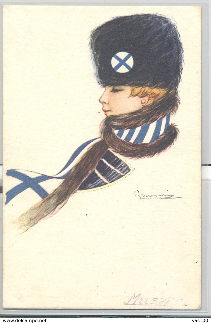 CPA SIGNED ILLUSTRATIONS, GIOVANNI NANNI- WOMAN WITH GREEK FLAG SCARF AND HAT, CENSORED WW1 - Nanni
