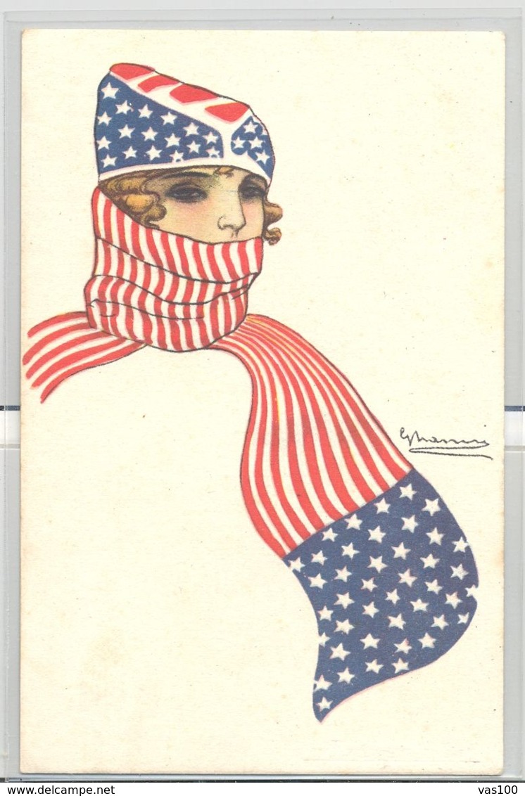 CPA SIGNED ILLUSTRATIONS, GIOVANNI NANNI- WOMAN WITH AMERICAN FLAG SCARF AND HAT, CENSORED WW1 - Nanni