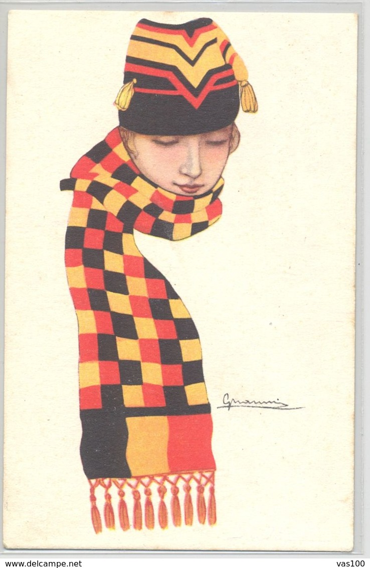 CPA SIGNED ILLUSTRATIONS, GIOVANNI NANNI- WOMAN WITH BELGIAN FLAG SCARF AND HAT, CENSORED WW1 - Nanni