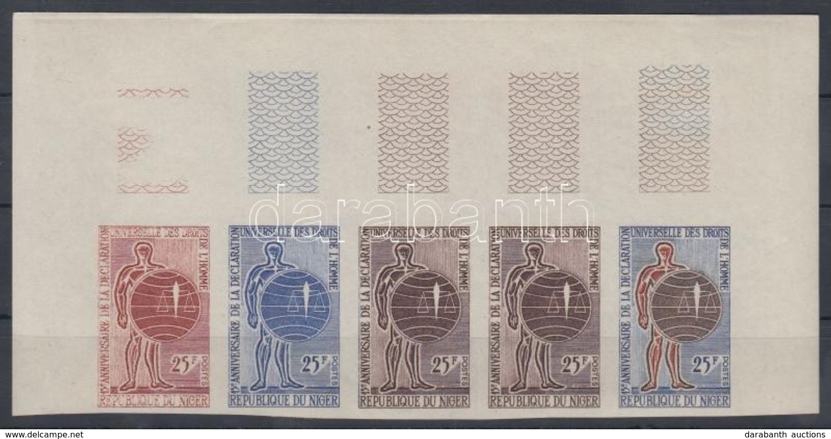 ** Niger 1963 15 éves Az Emberi Jogok Nyilatkozata Mi 58 5 Klf Fogazatlan Színpróba ötöscsíkban / Stripe Of 5 Different  - Sonstige & Ohne Zuordnung