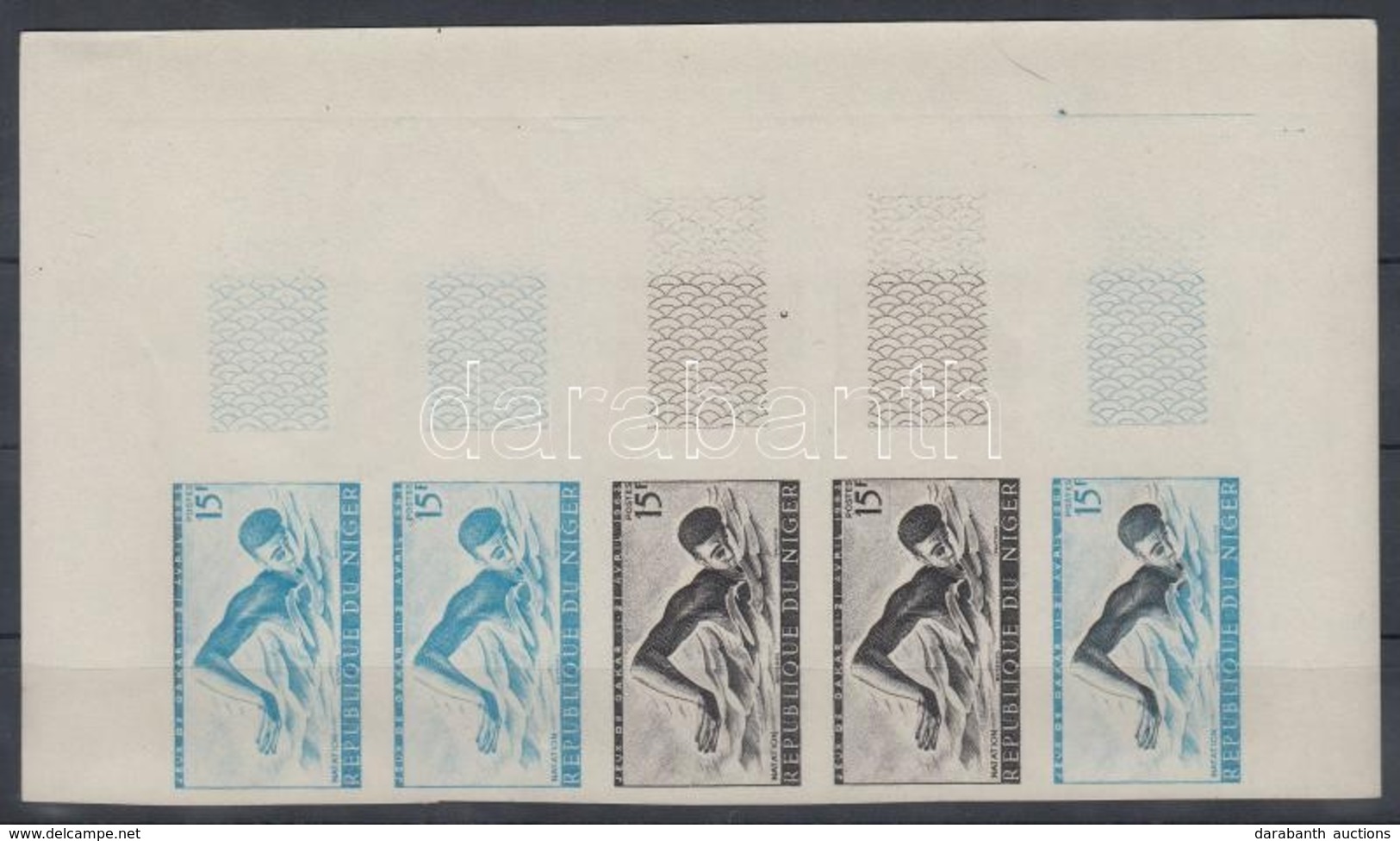 ** Niger 1963 Sport Verseny, Dakar Mi 31 5 Db Fogazatlan Színpróba ívsarki ötöscsíkban / Stripe Of 5 Different Imperfora - Sonstige & Ohne Zuordnung