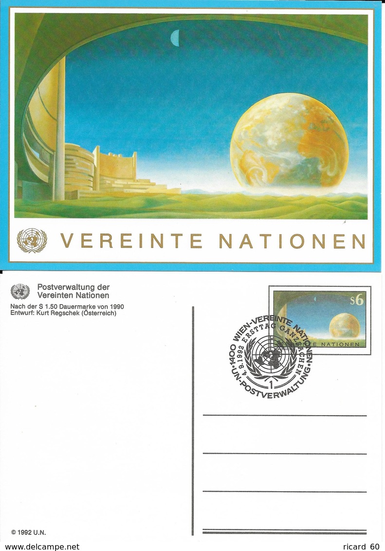 Onu, United Nations, Nations Unies,vienne, Entier Postal 1992, Carte Fdc, 6 S, Centre International De Vienne, Globe - Lettres & Documents