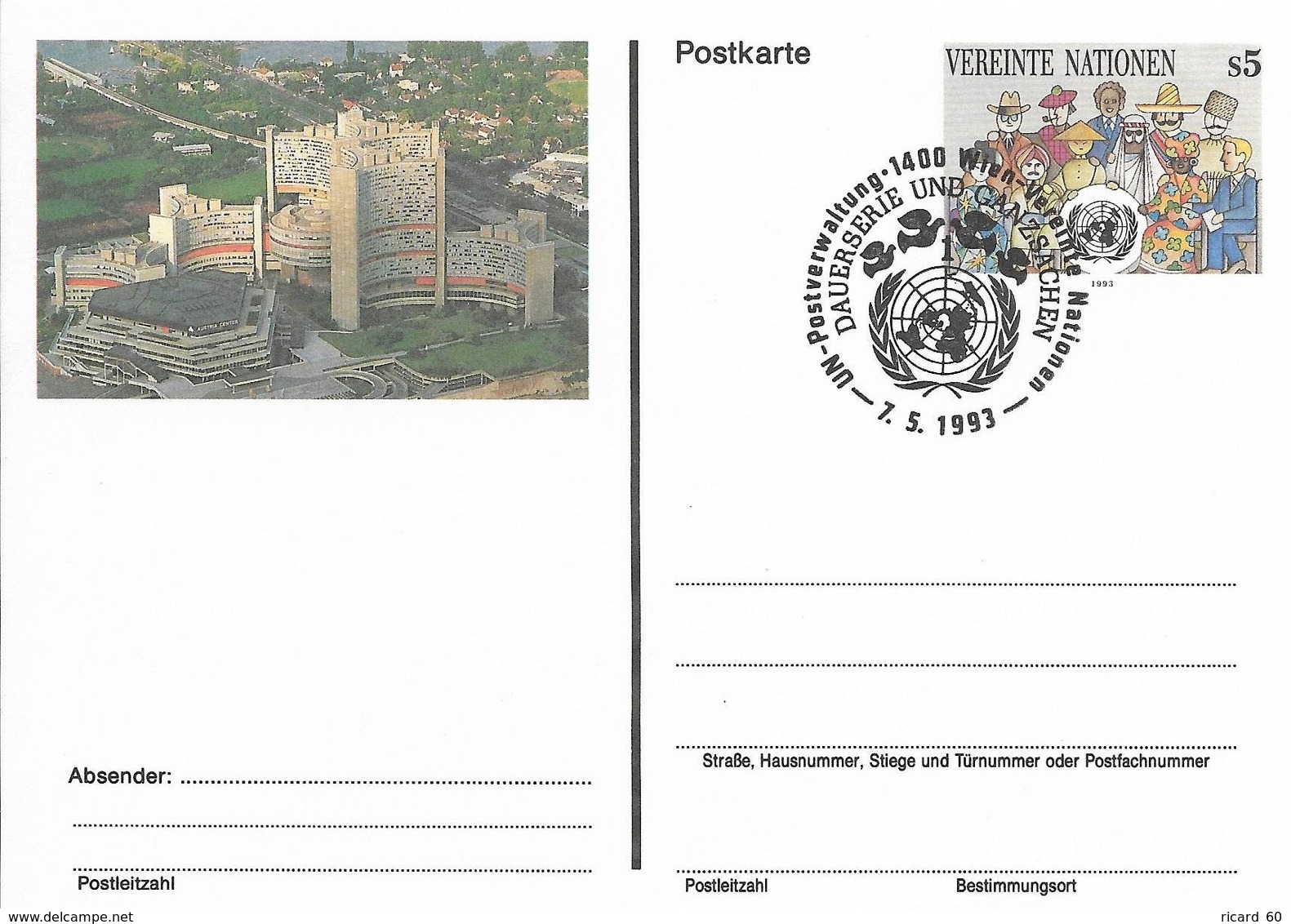 Onu, United Nations, Nations Unies,vienne, Entier Postal 1993, Carte Fdc, 5 S, Centre International De Vienne, - Lettres & Documents