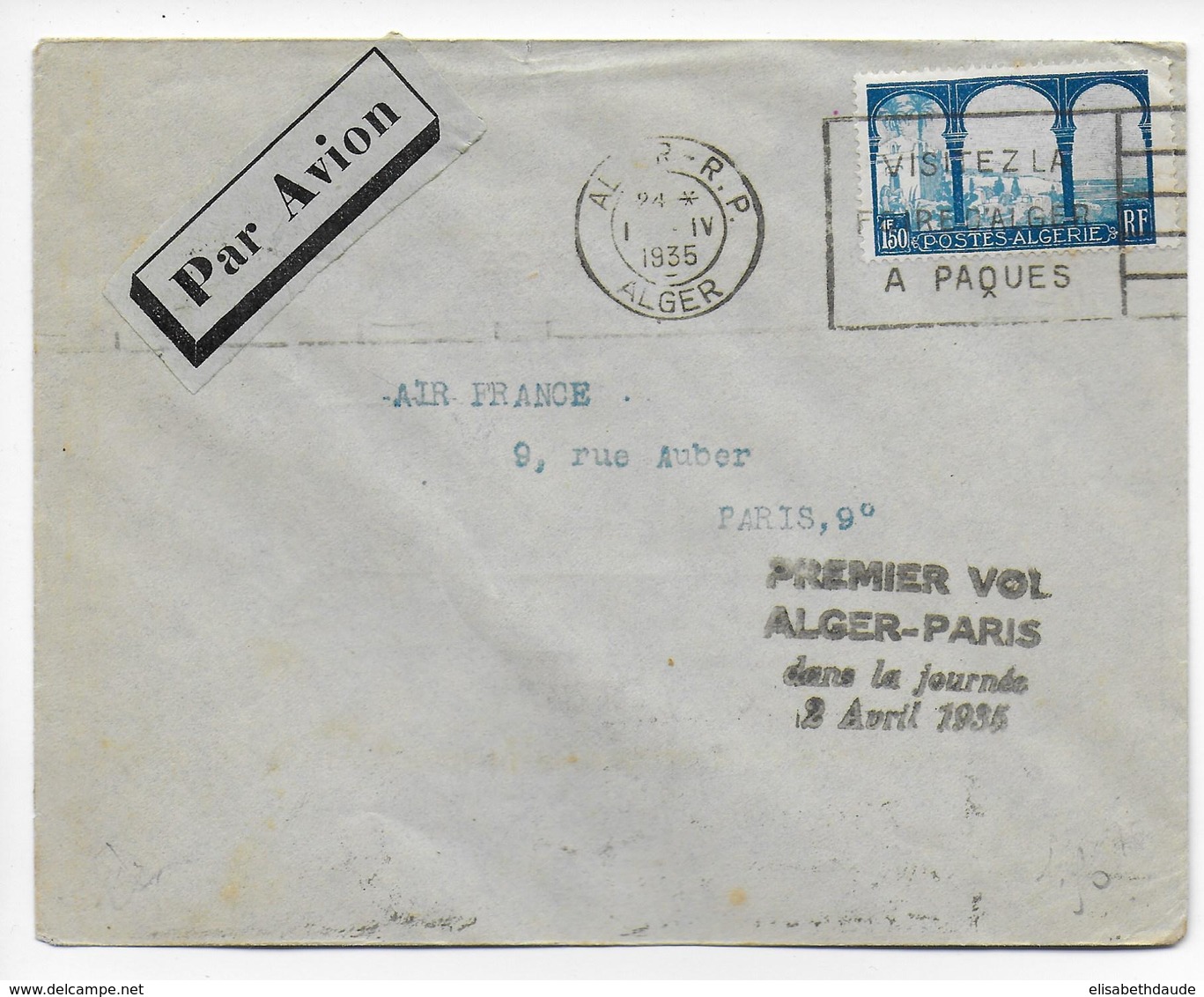 ALGERIE - 1935 - ENVELOPPE Avec MECA De ALGER => PARIS Par 1° VOL - Covers & Documents