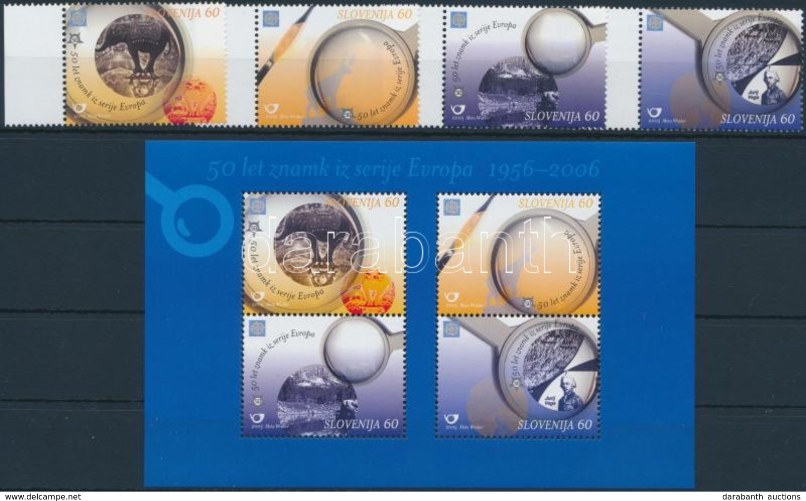 ** 2005 50 éves Az Europa CEPT ívszéli Sor + Blokk,
50th Anniversary Of Europe CEPT Margin Set + Block
Mi 543-546 + Mi 2 - Other & Unclassified