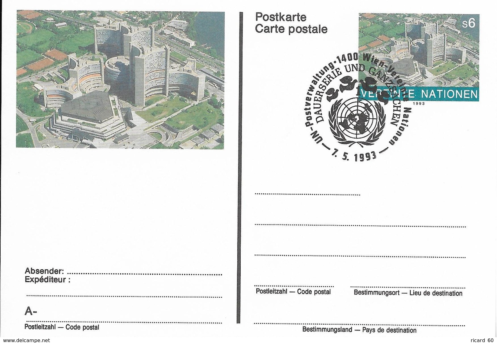 Onu, United Nations, Nations Unies,vienne, Entier Postal 1993, Carte Fdc, 6 S,centre International De Vienne, - Lettres & Documents